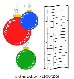 Abstract rectangular maze with a color picture. Round Christmas balls. An interesting and useful game for children. Simple flat vector illustration isolated on white background