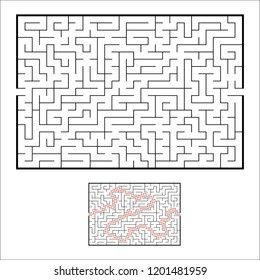 Abstract rectangular maze. Game for kids. Puzzle for children. One entrances, one exit. Labyrinth conundrum. Simple flat vector illustration isolated on white background. With answer.