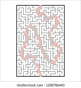 Abstract rectangular maze. Game for kids. Puzzle for children. One entrances, one exit. Labyrinth conundrum. Simple flat vector illustration isolated on white background. With answer.
