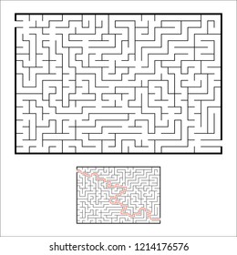 Abstract rectangular maze. Game for kids. Puzzle for children. One entrances, one exit. Labyrinth conundrum. Simple flat vector illustration isolated on white background. With answer.