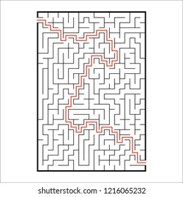 Abstract rectangular maze. Game for kids. Puzzle for children. One entrances, one exit. Labyrinth conundrum. Simple flat vector illustration isolated on white background. With answer.
