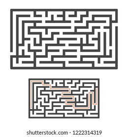 Abstract rectangular maze. Game for kids. Puzzle for children. One entrance, one exit. Labyrinth conundrum. Flat vector illustration isolated on white background. With answer