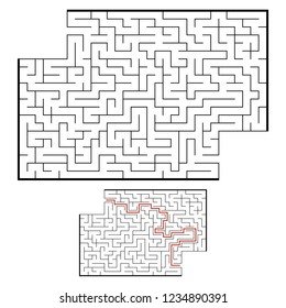 Abstract rectangular maze. Game for kids. Puzzle for children. One entrance, one exit. Labyrinth conundrum. Flat vector illustration. With answer. With place for your image