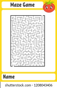 Abstract rectangular maze. Kids worksheets. Activity page. Game puzzle for children. Cute cartoon tomato. Labyrinth conundrum. Vector illustration.