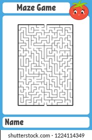 Abstract rectangular maze. Kids worksheets. Activity page. Game puzzle for children. Cute cartoon tomato. Labyrinth conundrum. Vector illustration.