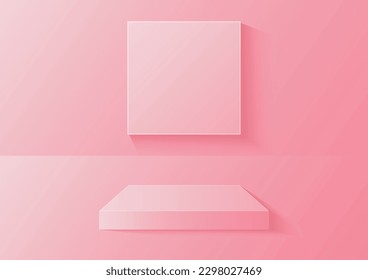 Abstract rectangular podium in the room with square frame on background, pink color, vector geometric platform illustration for product display presentation, promotion banner.