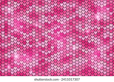 Abstract rectangular shiny background with pink heart shaped sequins. Bright holiday decor with metallic glitter for banner, invitation, advertisement, card, event, party, Valentine's day