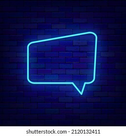 Abstract rectangular speech bubble neon sign. Empty frame. Copy space. Glowing effect banner. Comment cloud on brick wall. Editable stroke. Vector stock illustration