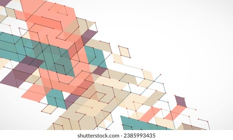 Abstract rectro colored  background in isometric style.  Handmade vector art.