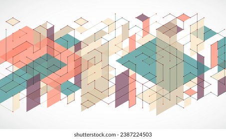 Abstract rectro colored  background in isometric style.  Handmade vector art.