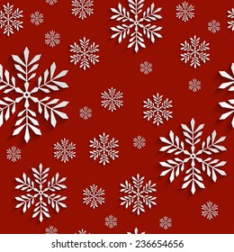 Abstract Red 3d Christmas Background with Snowflakes. Vector Seamless Pattern Template for Christmas and Invitation Cards