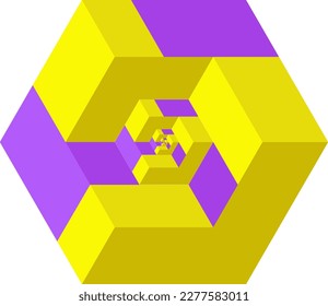 Abstract red 3D hexagon. L and L letter logo. Two bricks forming cube. Block puzzle pieces fit together. Solution concept. Construction, architecture element. Vector illustration, isometric, clip art.