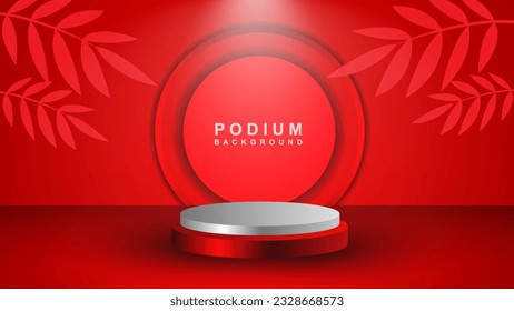 Abstract red 3D space with realistic cylinder base set and palm leaf shadow overlay. Minimal scene for product display presentation. vector illustration eps 10.