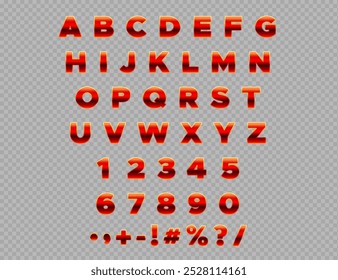 Abstract red alphabet isolated on transparent background. Glossy vector alphabet letters and numbers set. Modern dynamic 3d font