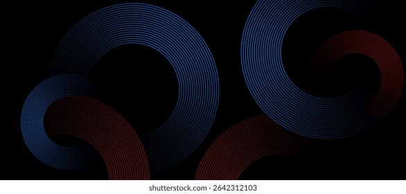 Abstract red amd blue glowing geometric lines on dark blue background. Modern shiny blue and red circle lines pattern. Futuristic technology concept.