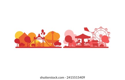 Abstract red amusement park landscape with silhouettes of Ferris wheel and carousel with horses vector illustration