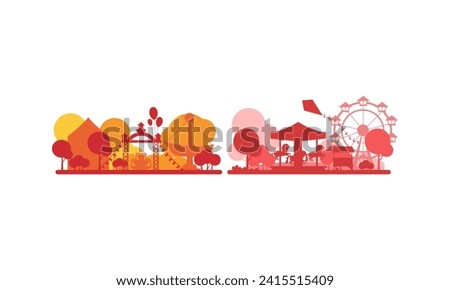 Abstract red amusement park landscape with silhouettes of Ferris wheel and carousel with horses vector illustration