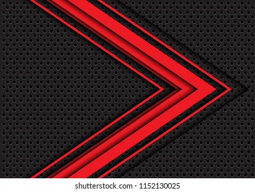 Abstract red arrow 3D direction on dark gray circle mesh design modern futuristic background vector illustration.