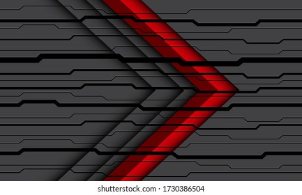 Resumen de la dirección de la flecha roja en el diseño de patrones de cibertrama de circuitos negros grises diseño moderno de vector de fondo futurista.