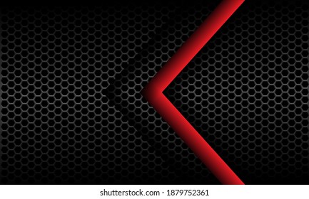 Abstract red arrow direction on dark grey metallic hexagon mesh pattern design modern futuristic background vector illustration.