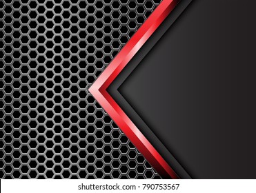 Abstract red arrow grey metal on hexagon mesh pattern design modern luxury futuristic background vector illustration.