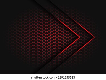 Abstract red arrow light shadow direction on hexagon mesh pattern design modern futuristic background vector illustration.