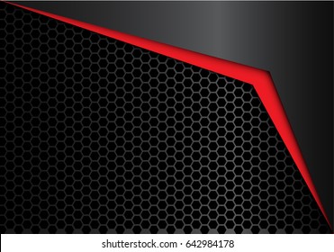 Abstract Red Arrow On Black Metal Hexagon Mesh Design Modern Luxury Background Texture Vector Illustration.