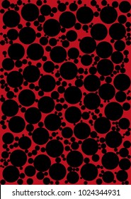 Abstract red background of black circles of various sizes. Vector illustration.