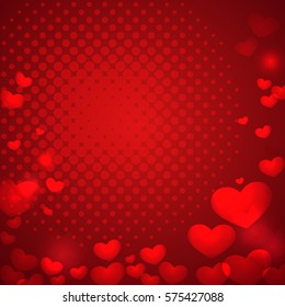 abstract red background with bokeh effect hearts and dotted halftone. pop art. vector illustration
