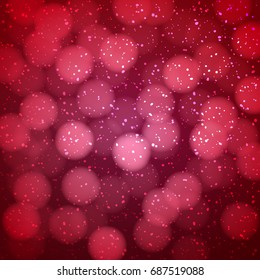 Abstract Red Background with Bokeh. Vector Shiny Banner. Ruby Blurry Holiday Texture with White Snow.