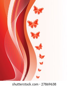 Abstract red background with butterflies. Vector illustration