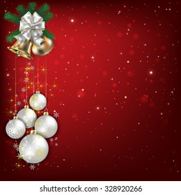 Abstract red background with Christmas bells and white decorations