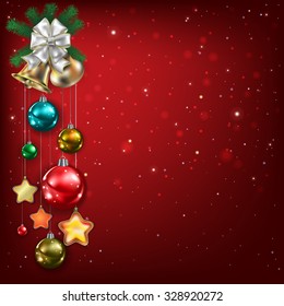 Abstract red background with Christmas bells and decorations