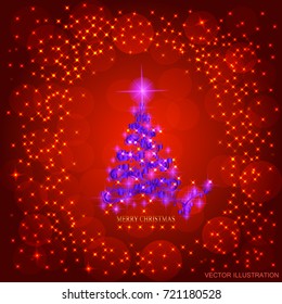 Abstract red background with christmas tree, lights and stars. Bright illustration in red and blue colors. Vector illustration.