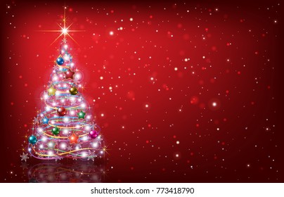 Abstract red background with Christmas tree and decorations