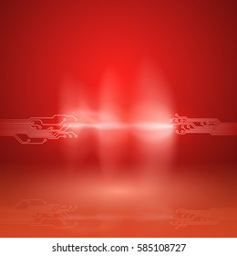 Abstract red background with a circuit board texture and current arc. EPS10 vector.
