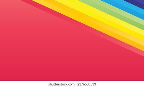 Abstract red background with colorful rainbow stripes at corner. Vector illustration flat background with copy space