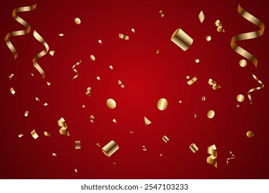 Fundo vermelho abstrato decorado com confete de ouro, fundo de pódio de estúdio gradiente vermelho 3d, suave desfoque suave e fundo de sombra brilhante, design de ilustração vetorial para banner de Natal, celebração
