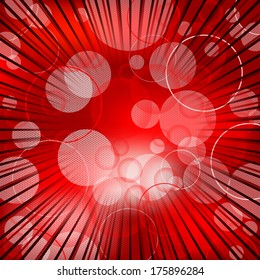 Abstract red background design with bursting rays, dots and hexagon