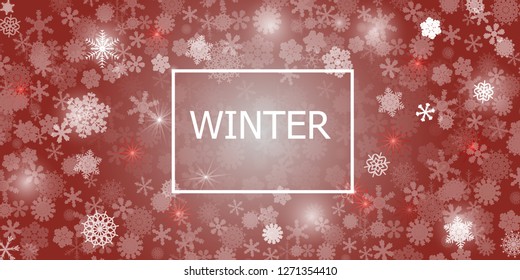 Abstract red background. A lot of different shining snowflakes. Banner Winter. Vector illustration. Eps 10.