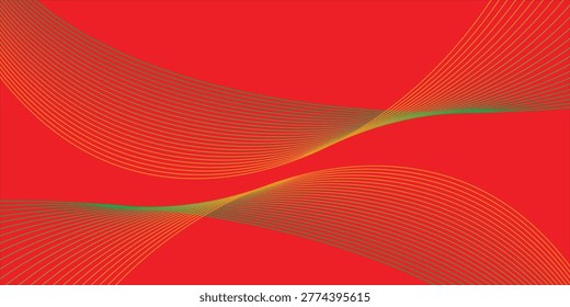 Abstract Red Background with Dynamic Green and Gold Gradient Intersecting Wavy Lines
