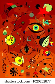 Abstract red background. fancy geometric and curved shapes. surrealism art style