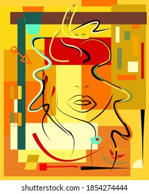 Abstract  red  background ,fancy  geometric and curved shapes , expressionism art style