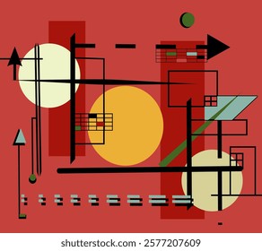 Abstract red  background ,fancy  geometric shapes , expressionism art style