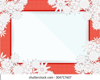 Abstract, red background, frame, card with pattern - dots, many gray, white flowers
