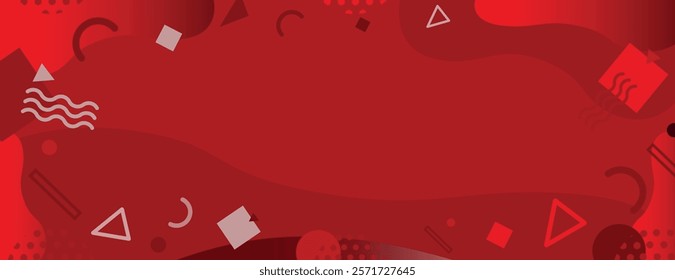 Abstract red background with geometric shapes. The red background features smooth gradients and playful patterns for a dynamic look. Memphis pattern frame background. Red background vector.