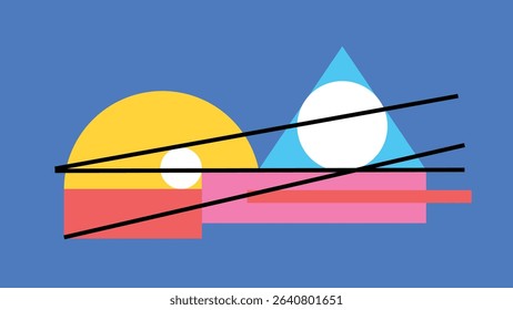 Abstract red background with geometric shapes in green, yellow, pink, and blue, intersected by three dynamic black lines.