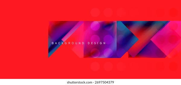 Fundo vermelho abstrato com formas geométricas. Gradientes azul vibrante e rosa criam um design moderno. O texto lê o design do plano de fundo.
