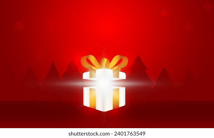 Abstract Red background gift box with merry christmas bright rays of light mystery box with lighting glitter on dark background. vector illustration