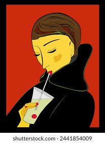 Fondo rojo abstracto, muchacha bebe refresco con la paja